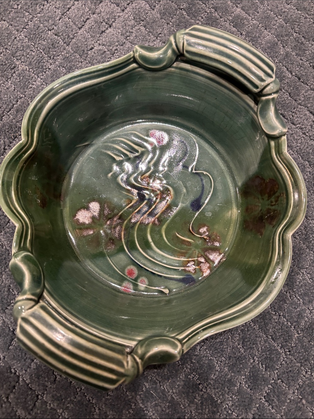 Handcrafted Green Ceramic Decorative Bowl with Scalloped Rim